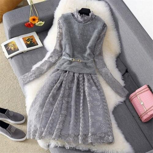 Autumn Two Piece Women Long Sleeve Lace Dress + Vest Big Size Dress Elegant Lady Long O-neck Party Dressess Vestidos платье 1127