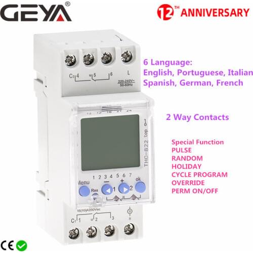 GEYA THC-822 Conversational Programmable Timer 2Channel Changeover Contacts Digital Timer Switch with Battery 16A 220V 110V