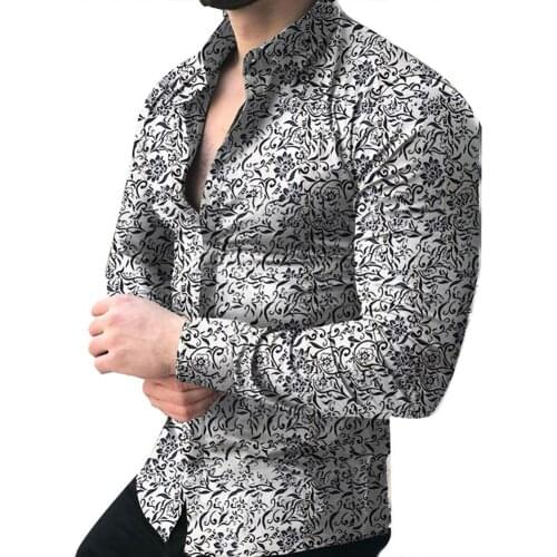 Men Shirts Vintage Floral Print Slim Long Sleeve Button Turn Down Collar Shirt Top Business Wedding Party 4XL рубашка