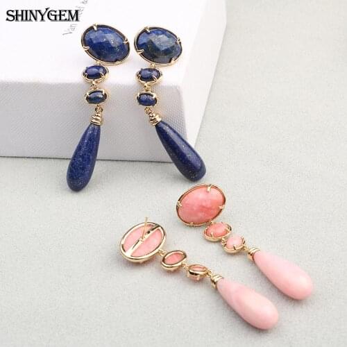 ShinyGem Plated Rhinestone Druzy Dangle Earrings Natural Rhodochrosite/Lapis Lazuli Stone Bohemian Drop Earrings For Women