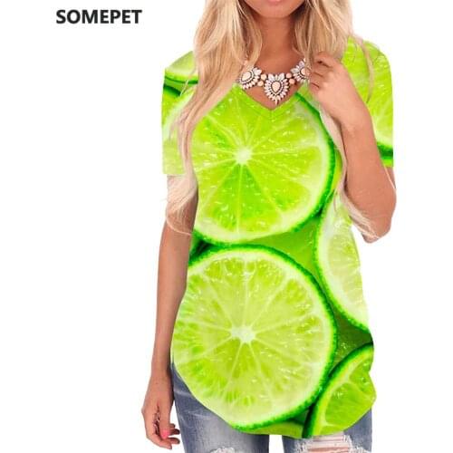 SOMEPET Lemon T-shirt women Fruit V-neck Tshirt Food Funny T shirts Green Shirt Print Womens Clothing Fashion Casual Tops