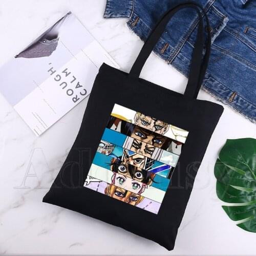 Jojo Bizzare Adventure Female Foldable Canvas Shoulder Bag Canvas Tote Eco Shopping Bag Canvas Tote Bag Casual HandBag Black