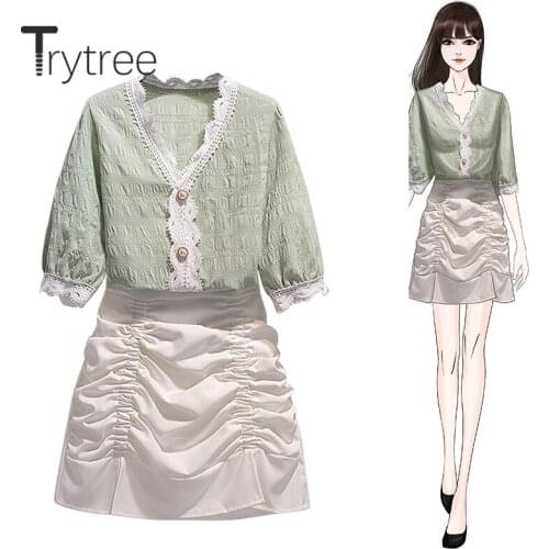Trytree 2020 Summer Women Two Piece Set Casual V-neck Lace Blouse Tops + Skirt Folds Solid Zipper White Mini Set 2 Piece Set