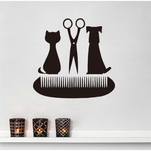 Grooming Salon Scissors Comb Wall Decals Pet Shop Decor Cat and Dog Vinyl Wall Sticker
