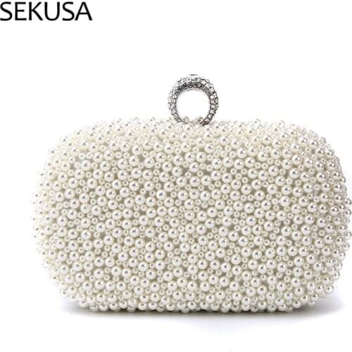 Vintage Beading Embroidery Small Day Clutches Finger Ring Diamonds Metal Evening Bags Pearl Wedding Purse