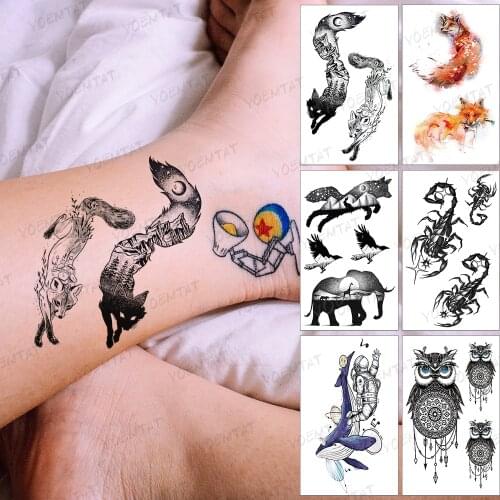 Waterproof Temporary Tattoo Sticker Fox Wolf Forest Moon Mountain Black Tatto Realistic Body Art Tatoo Woman Man Child Tattoos