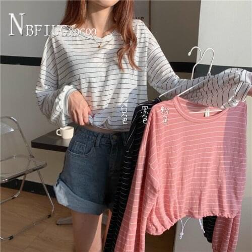2020 Summer Korean Loose Stripe Women T Shirt White Pink Black Color Female Tee Shirts