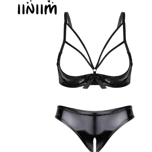 Iiniim Womens Wet Look Patent Leather Lingerie Set Underwear Strappy Open Cup Bowknot Underwired Bra Tops with Crotchless Briefs