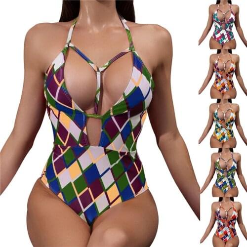 Women Monokini Swimsuit Summer Multicolor Plaid/Dragon Print Tied Halter Neck Sleeveless Backless Swimwear 7 Colors Bikinis