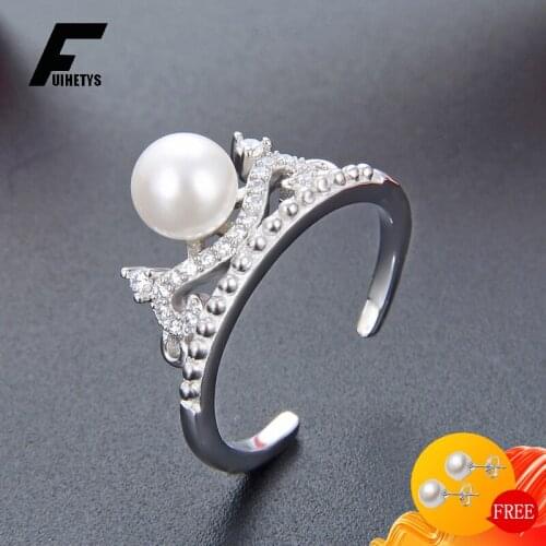 Pearl Ring for Women 925 Sterling Silver Jewelry with Zircon Gemstone Crown Shape Open Finger Rings Wedding Party Gift Ornaments