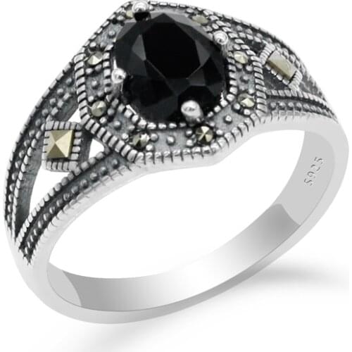 Original 925 Sterling Silver Women Stone Ring with Black Cubic Zircon Mosaic Ring Retro Style for Ladies Bohemia Jewelry