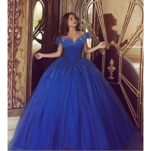 Royal Blue Puffy 2021 Cheap Quinceanera Dresses Ball Gown Off The Shoulder Tulle Beaded Party Sweet 16 Dress