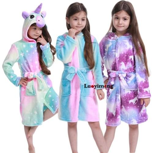 Winter Unicorn Bathrobes For Baby Girls Flannel Pajamas Nightgown Kids Robes Animal Sleepwear Stitch Hooded Pyjamas Towel Robes