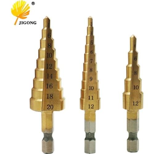 JIGONG 3pcs/Set Titanium Step Drill Bits HSS Power Tools High Speed Steel Hole Cutter Wood Metal Drilling 3-12mm 4-12mm 4-20mm
