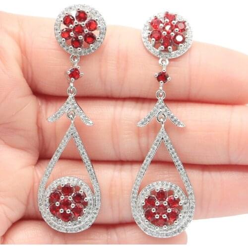 58x16mm Elegant Long Created Red Blood Ruby White Cubic Zirconia Gift Silver Earrings