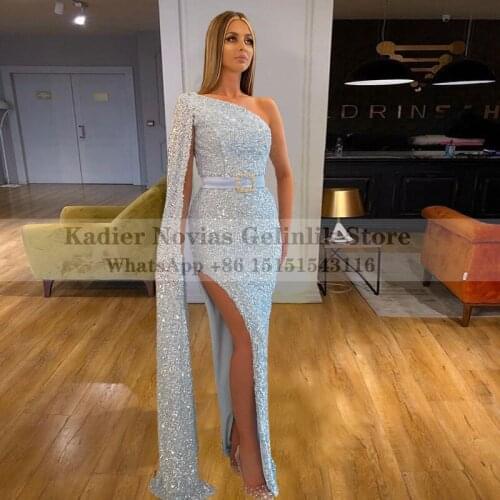 Long Light Blue Evening Dress 2021 One Shoulder with Slit Prom Dress Vestido De Fiesta De Boda