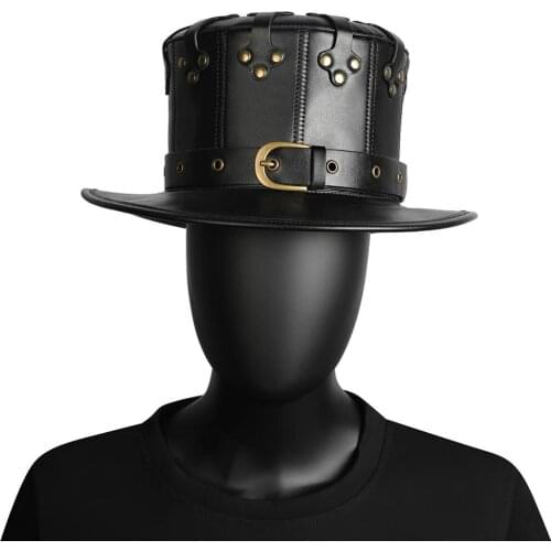Unisex Adult Black Riveted PU Leather Hat Halloween Plague Cosplay Steampunk Flat Hat Gothic Costume Anime Travel Accessories T1