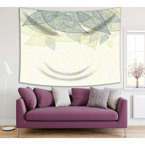 Tapestry Leaves Tribal Patterns Stylish Nature Theme Doodle Artwork Printed Yellow Gray White