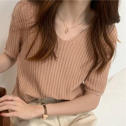 Cotton Knitted Short Sleeve T-Shirt Female V-Neck Sweater Summer Wear Cultivate OneS Morality Show Thin Criss-Cross Sweet Tops