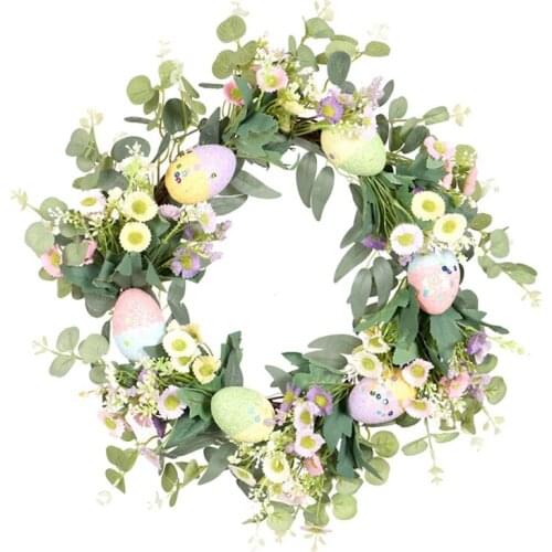 Artificial Easter Wreath Spring Wreath with Egg and Mixed Green Plants, for Front Door Wedding Party Wall Home Decor