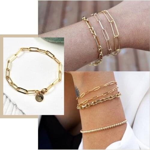 Dainty Paperclip Rectangle Chain Women Bracelets, Gold Color Oval Chain Personalized Tiny Disc Bracelet, Bridesmaid Custom Gift