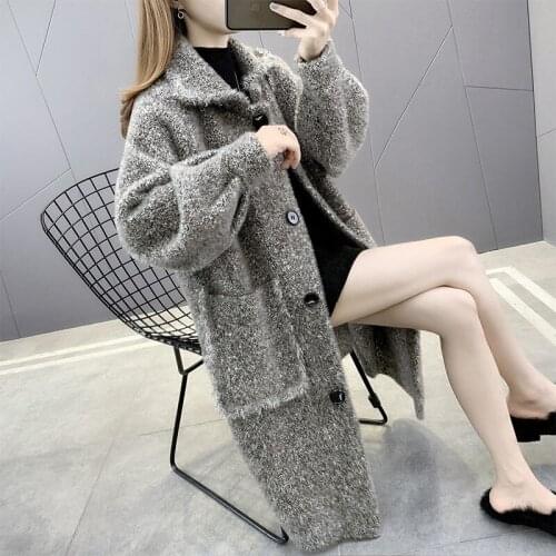 Autumn And Winter New Mink Cashmere Cardigan Korean Style Loose Slim Mid-Length Thick Coat Womens Knitted Sweater Jacket y580