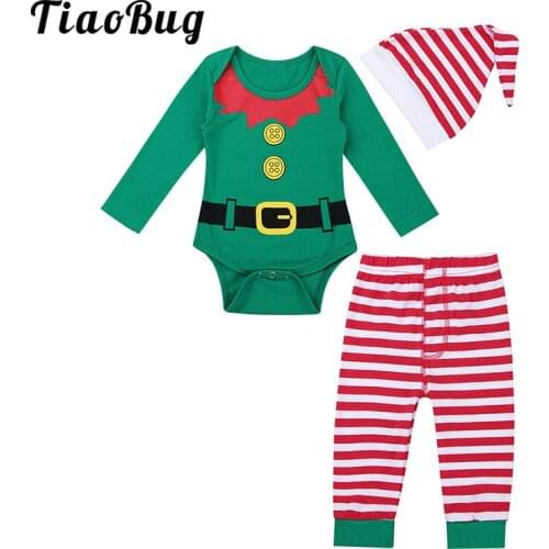 Infant Baby Kids Autumn Christmas Elf Costume Boys Girls Toddlers Long Sleeve Romper with Striped Pants Hat Cosplay Xmas Clothes