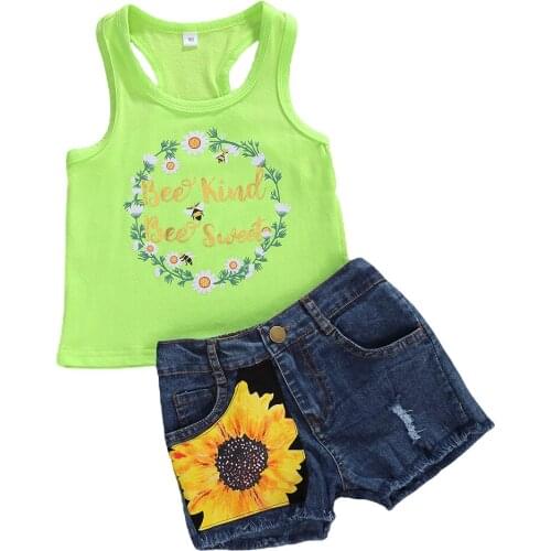 Kids Baby Girls Fashion 2PCS Outfit Set Garland Print Tank Top +Denim Shorts Set Summer Casual Clothes