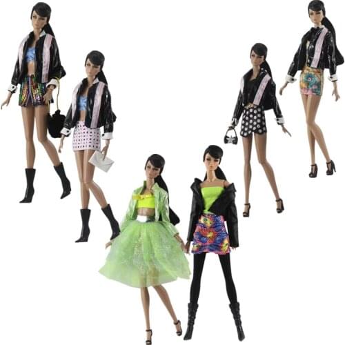 Fashion Leather Style 1/6 BJD Clothes Set for Barbie Doll Clothes Skirt Dress Bra Leather Coat Jacket Top 30cm Dolls Accessories
