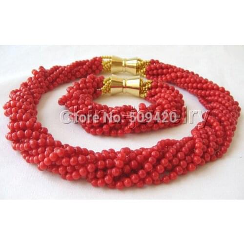 Free Shipping Wholesale>>Beautiful AAA 18" 10row 5mm natural red coral necklace & bracelet