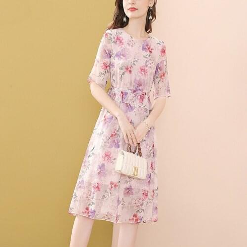 Only Plus Printed Summer Sweet Pink A-line Dress O-Neck Sashe Casual High Waist Vacation Beach Dresses Temperament