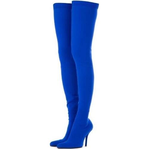 Drop Shipping Fashion Woman Solid Blue Or Black Elastic Thin Heels Slim 100 mm Heels Over The Knee Long Sexy Boots Lady Size 42