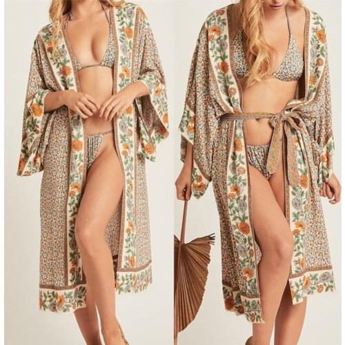 Floral Printed Long Sleeve Top Open Front Long Swimmwear Cover Up Cardigan Bikini Coat for Summer