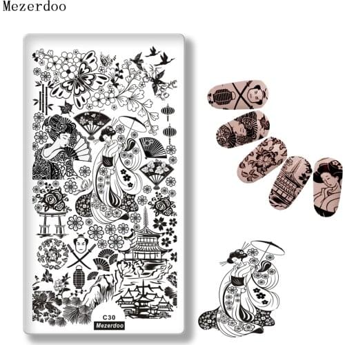 Japanese Series Nail Template Petty Girl Warrior Fashion Style Stamping Plate Cherry Butterfly Pattern Fan Design Stencil C30