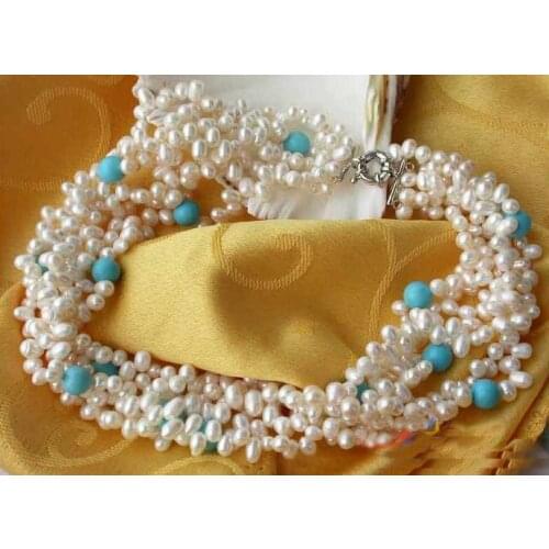 Unique Pearls jewellery Store 5row 18'' White Rice Freshwater Pearl Turquoises Necklace Charming Women Gift