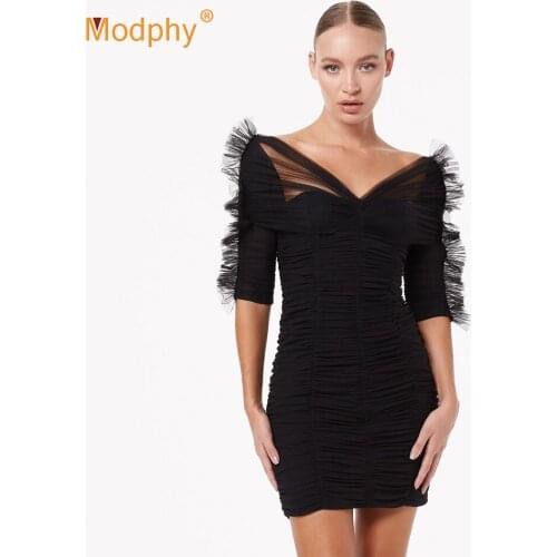 Spring Black Mesh Patchwork Half Sleeve Pleated Sexy V-Neck Bodycon Dress 2021 WomenS Celebrity Evening Party Dress Vestidos