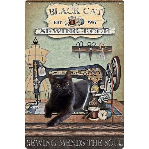 Black Cat Sewing Room Retro Vintage Metal Tin Sign Wall Plaque Poster Cafe Bar Pub Beer Club Wall Home Decor 8x12 inch