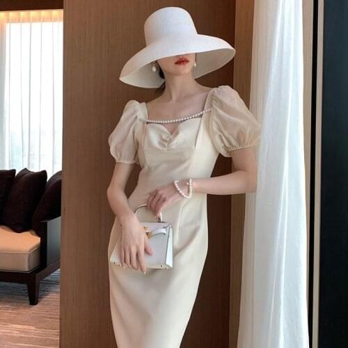Hstar Vintage V-neck Beading Women Mid-length Dress 2020 Elegant Puff Sleeve Slim Waist Female Dress Bodycon Vestidos Femme
