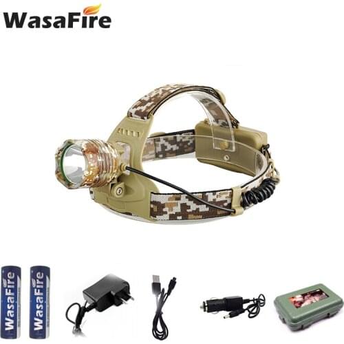 WasaFire Camouflage Led Headlamp Waterproof IPX5 T6 LED Headlight led Head Lamp Lantern Lamp Use 2*18650 Battery 90 Degrees Lens