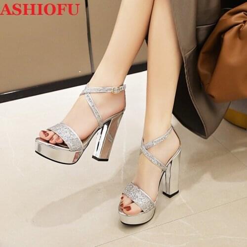 ASHIOFU Wholesale Newest Womens Chunky Heels Sandals Crisscross Glitter Party Prom Shoes Sexy Evening Fashion Sandals Shoes