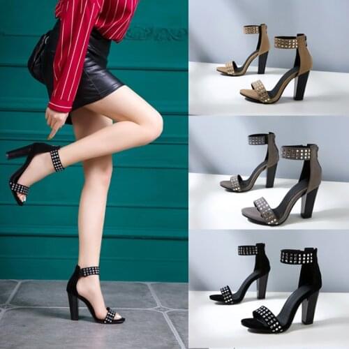 KOLNOO Handmade Ladies Chunky Heels Sandals Rivets Spikes Sexy Summer Open-Toe Large Size Party Prom Fashion Evening Daily Shoes