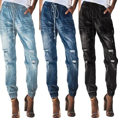 2021 new fashion ripped jeans drawstring elastic waist washed casual mid-waist trousers women