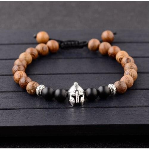 DOUVEI Vintage Helmet Prayer Wood Beads Braided Bracelet Men Black Stone Healing Balance Charm Chakra Bracelet For Women ABK040