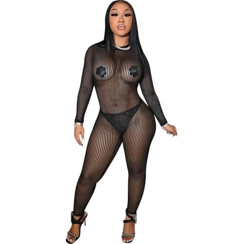 Women Beach Cover Up Jumpsuit Summer Hollow Out Long Sleeve Jumpsuit Sexy See Through Swimsuit Clubwear Pants