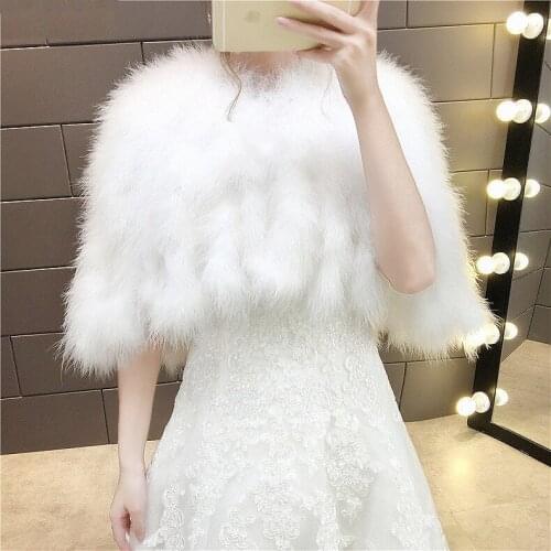 2020 Ostrich Feather Women White Bridal Capes Cloak Faux Fur Winter Autumn Wedding Wrap Shawl Bride Coat