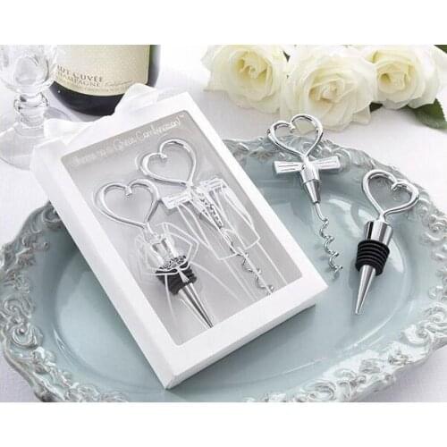50pcs(25sets)/lot Heart Shape combination Couple wine bottle opener corkscrew and Stopper Set Wedding Door Gifts Souvenirs