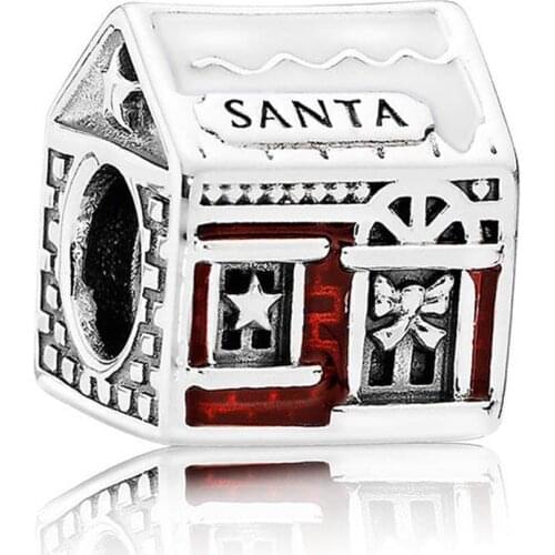 Authentic S925 Bead Santas Home Charms for Women Bracelet Bangle White & Translucent Red Enamel
