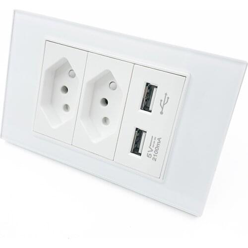 Brazil socket USB 2A fast charging AC 110V-240V 10A home electrical plug socket tempered glass panel fireproof material