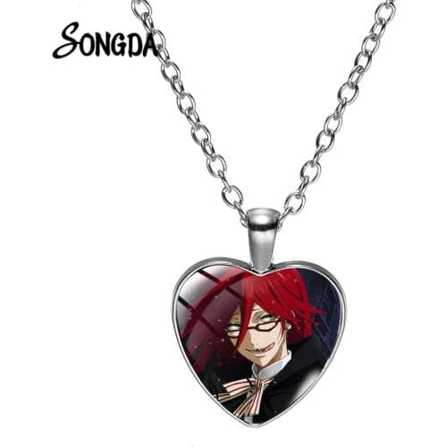 Kuroshituji Black Butler Long Chain Necklace Ciel Phantomhive Sebastian Michaelis Heart Glass Convex Pendants Necklaces for Fans