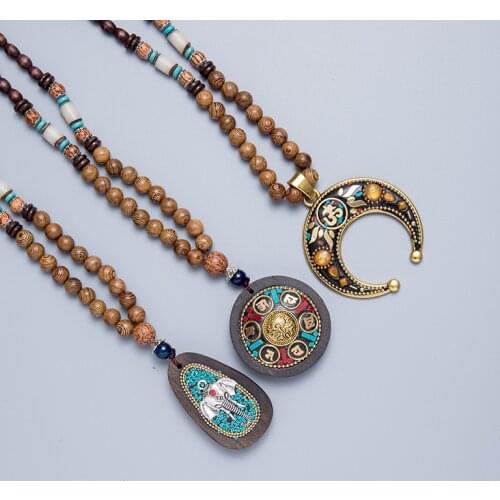 Ethnic Buddha Ganesha Elephant Pendant Necklace For Women Men Wooden Lucky Amulet Big Horn Crescent Moon Sweater Chain Necklace